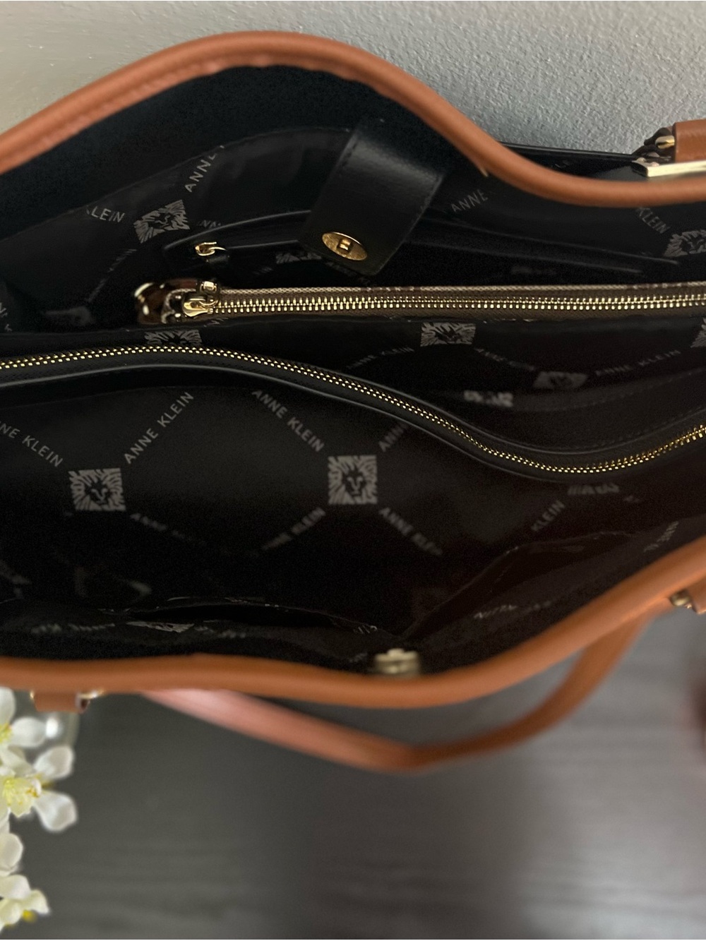 Anne Klein Black Tote with Brown Trim and Gold Hardware - Picture 6 of 6